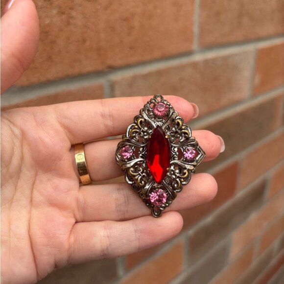 Vintage Red Gemstone and Pink Rhinestone Accent Brooch Pin from Madeira - Picture 3 of 5
